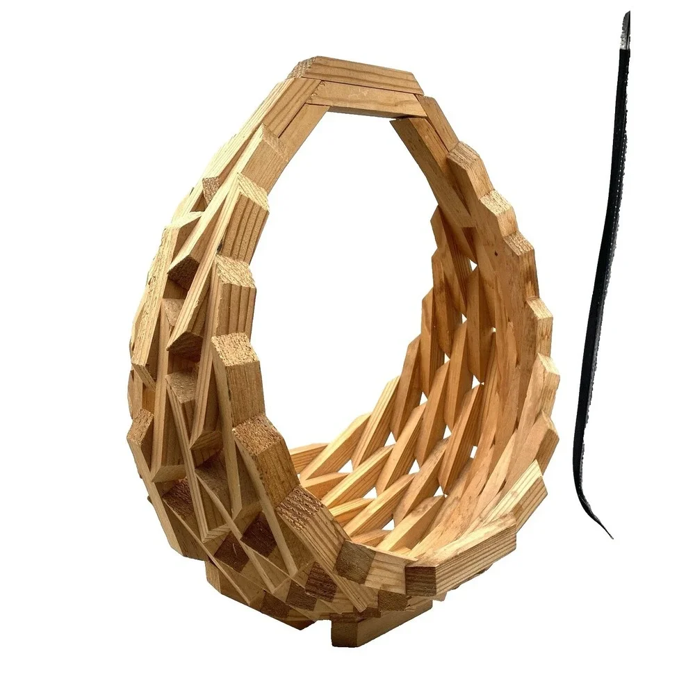 Vintage MCM Handmade Wood Geometric Block‎ Basket Bowl Mid Century Decor